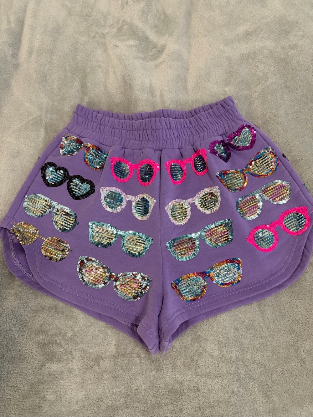 QUEEN OF SPARKLES Purple Sequin Sunglasses Athletic Shorts